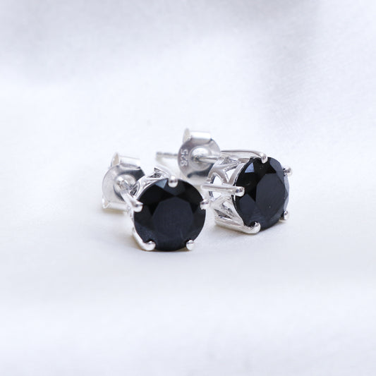 5 Prong Natural Black Spinel Round Stud Earring