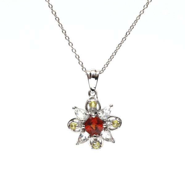 Garnet Sphene Topaz Floral Pendant With Chain
