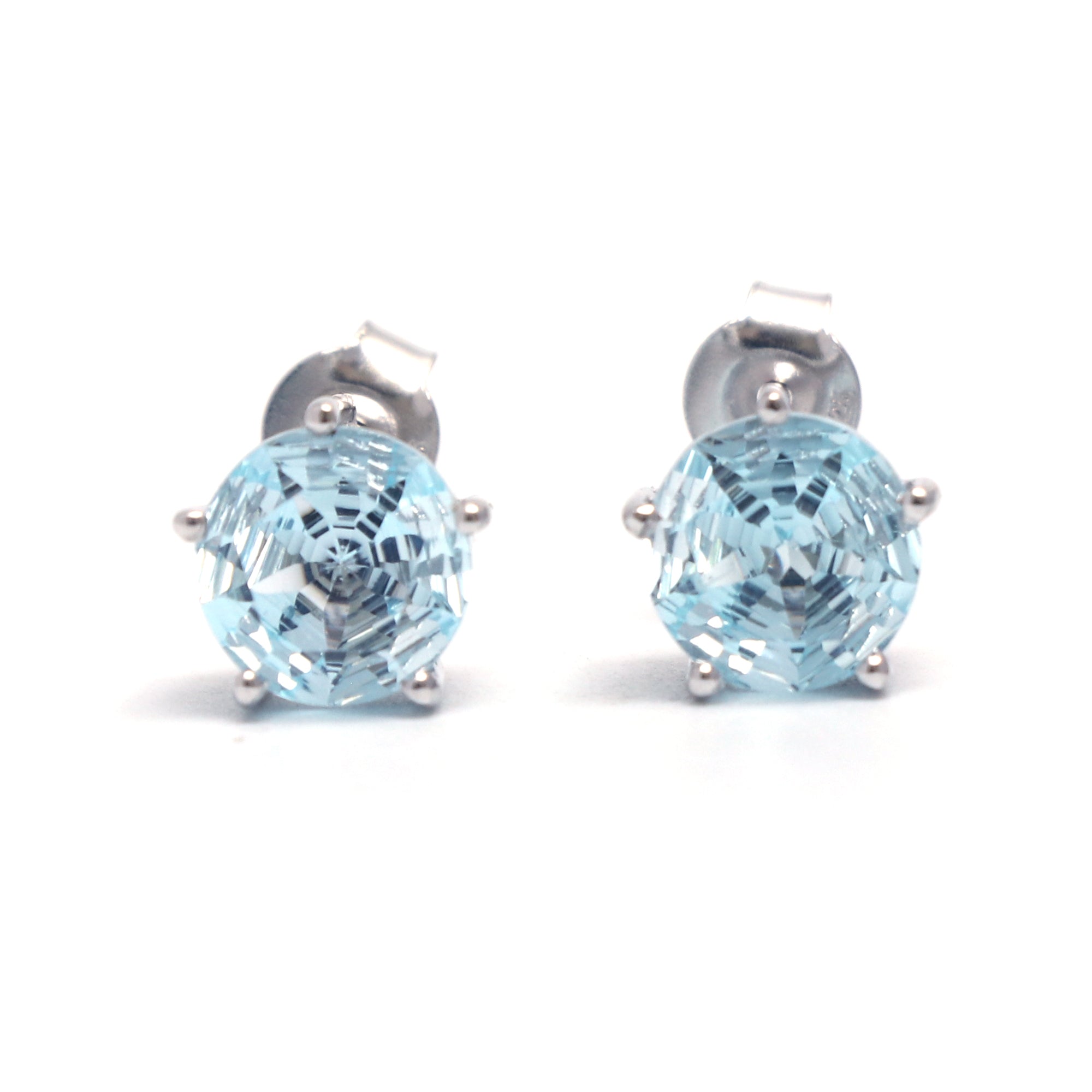 Round Blue Topaz Stat Cut Gemstone Stud Earring