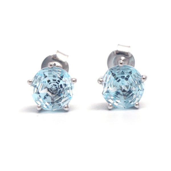 Round Blue Topaz Stat Cut Gemstone Stud Earring