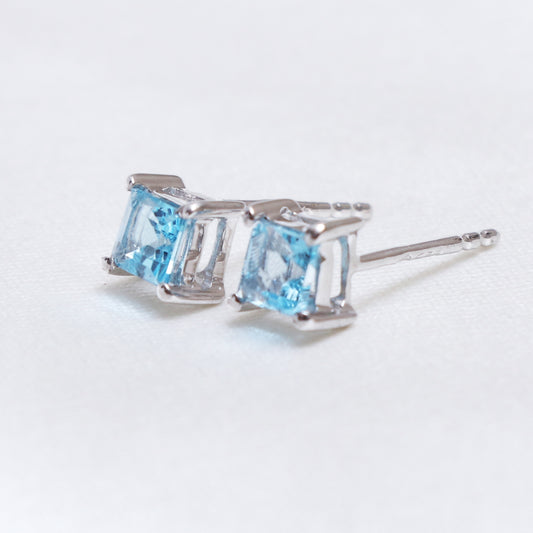 4 MM Natural Swiss Blue Topaz Squared  Earring