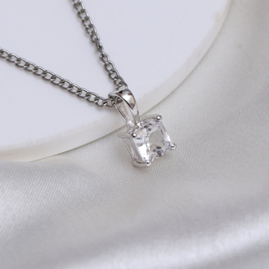White Topaz Cushion Pendant With Chain