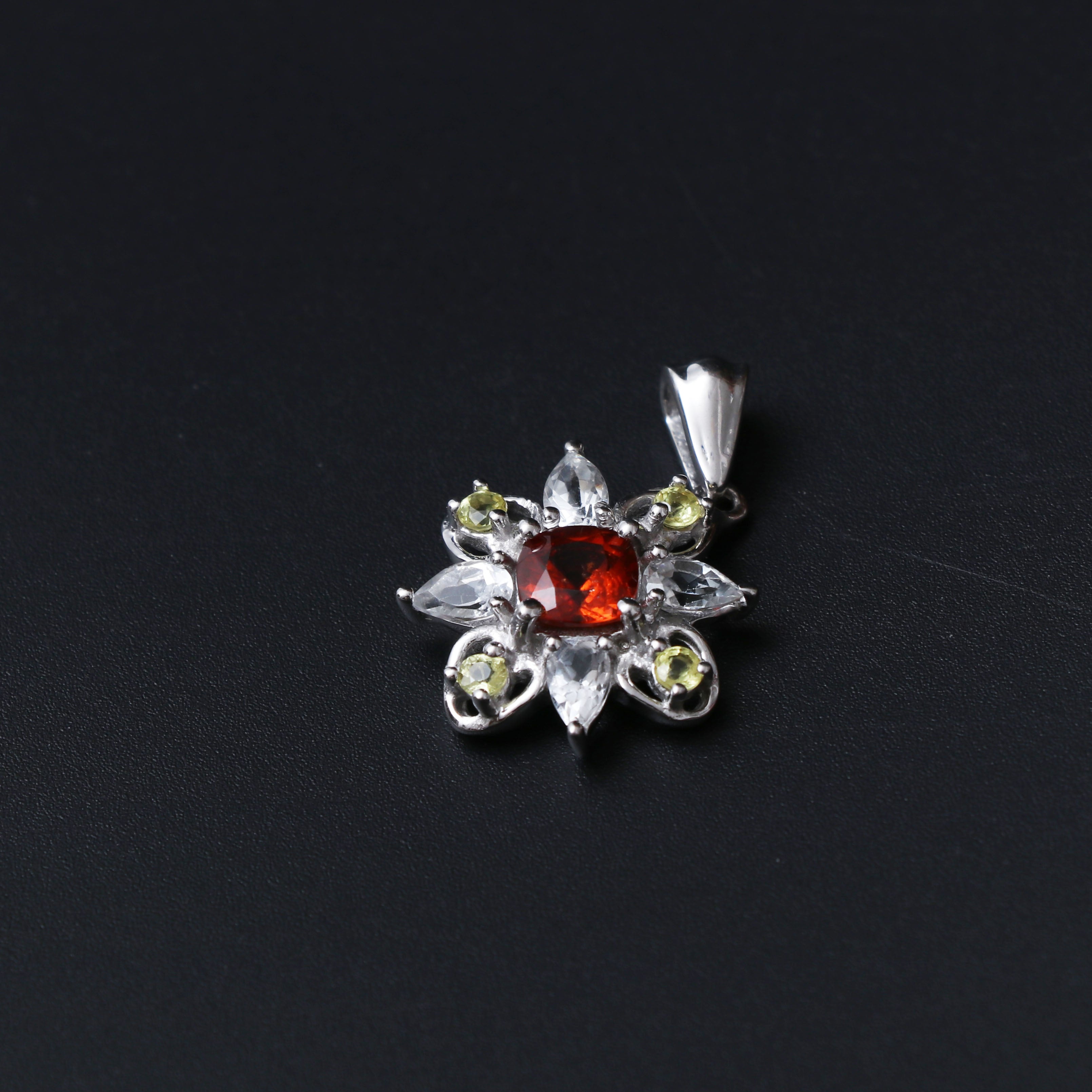 Garnet Sphene Topaz Floral Pendant With Chain