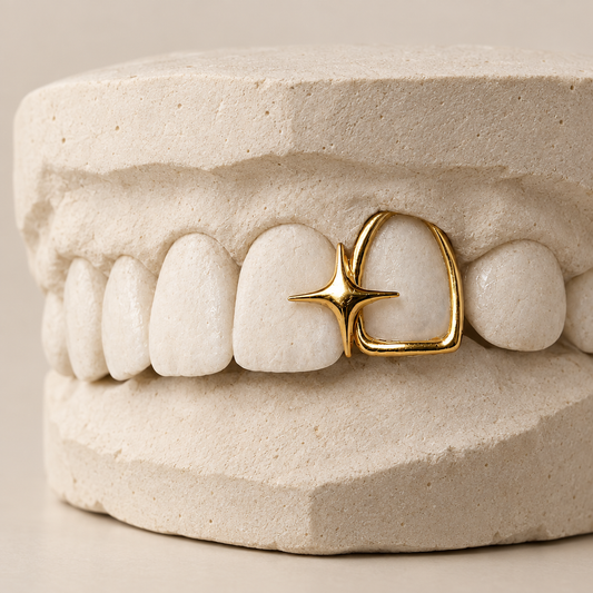 RISE AND SHINE grillz fitted onto an ivory dental cast
