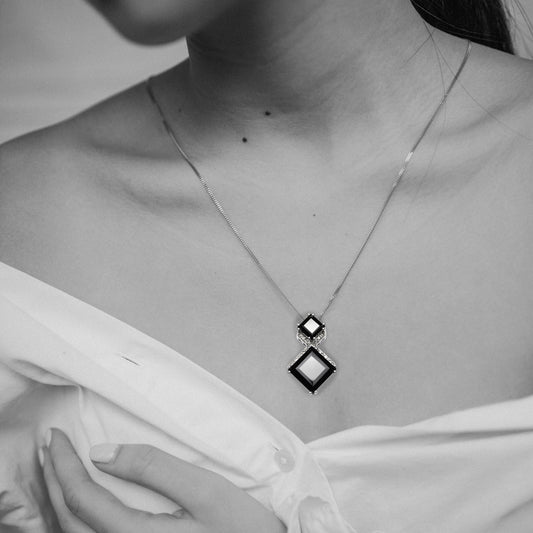 Squared Duet Natural Black Spinel Pendant (Comes with a complimentary Silver Chain)